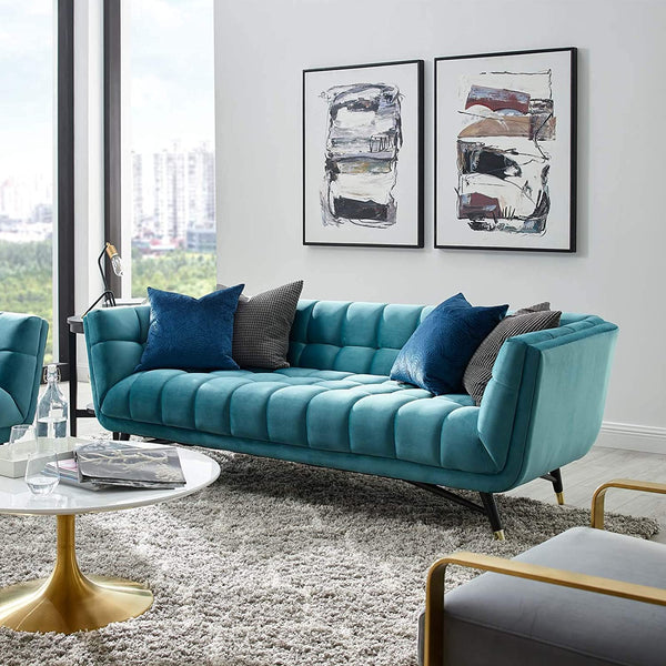 Modway Adept Contemporary Mid-Century Modern Performance Velvet Upholstered Tufted Sofa in Sea Blue