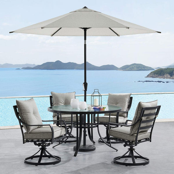 Hanover Lavallette 5-Piece Modern Outdoor Dining Set with Umbrella | 4 UV Protected Cushioned Swivel Rocker Chairs | 52'' Round Glass-Top Table | Weather Resistant | Ocean Blue | LAVDN5PCSWRD-BLU-SU