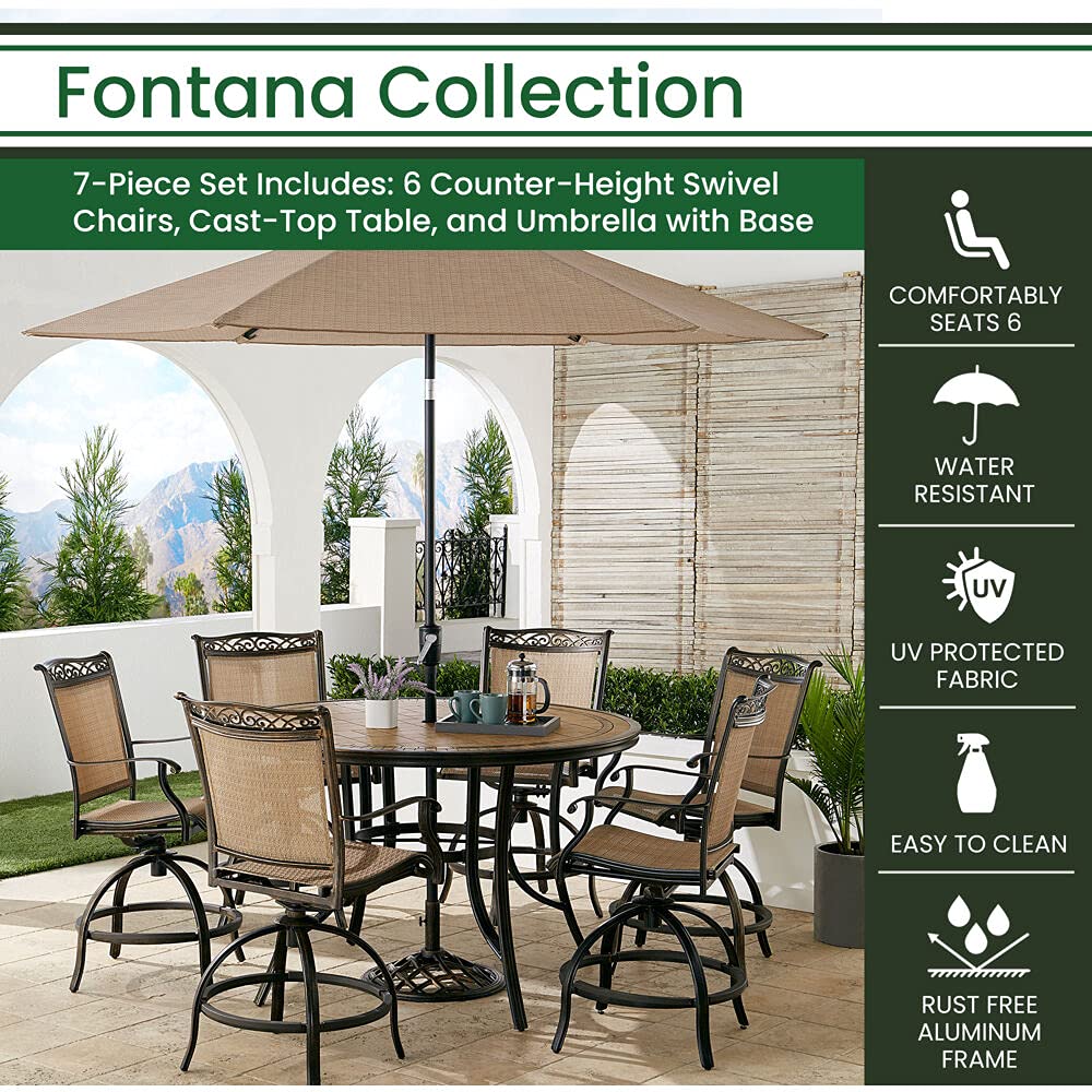 Hanover Fontana 7-Piece Outdoor High-Dining Patio Set, 6 Sling Swivel Counter-Height Chairs, 56" Round Tile-Top Table, 9' Umbrella, and Umbrella Base, Brushed Bronze Finish, Rust-Resistant