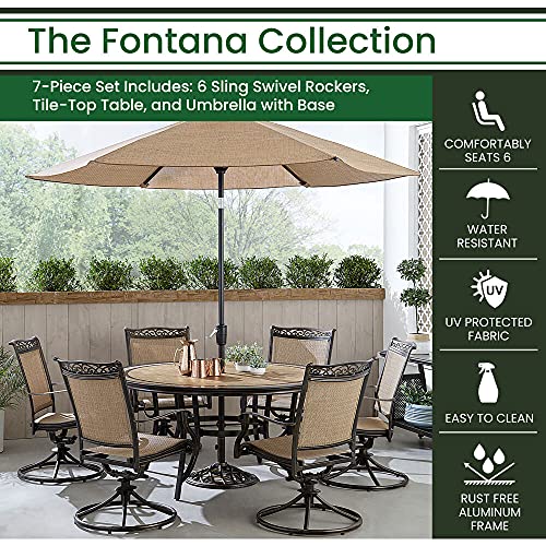 Hanover Fontana 7-Piece Outdoor Patio Dining Set, 6 Sling Swivel Rocker Chairs, 60" Round Tile Table, 9' Umbrella, and Umbrella Base, Brushed Bronze Finish, Rust-Resistant, All-Weather