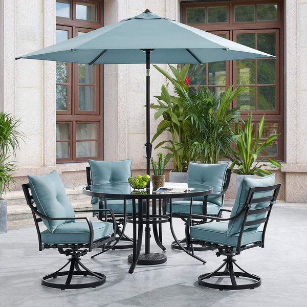 Hanover Lavallette 5-Piece Modern Outdoor Dining Set with Umbrella | 4 UV Protected Cushioned Swivel Rocker Chairs | 42'' Square Glass-Top Table | Weather Resistant Frame | Silver | LAVDN5PCSW-SLV-SU