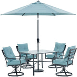 Hanover Lavallette 5-Piece Modern Outdoor Dining Set with Umbrella | 4 UV Protected Cushioned Swivel Rocker Chairs | 42'' Square Glass-Top Table | Weather Resistant Frame | Ocean Blue | LAVDN5PCSW-BLU