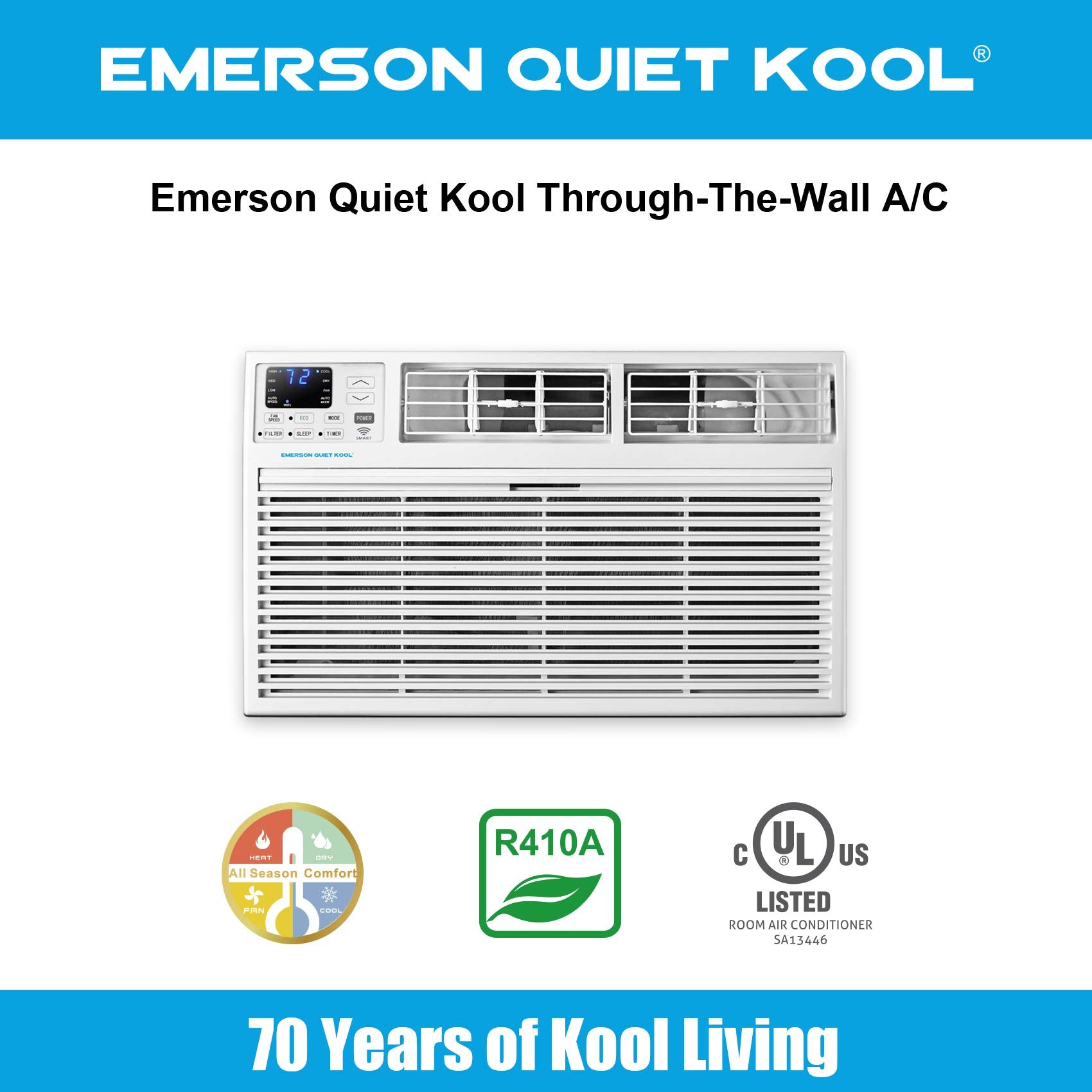 Emerson Quiet Kool 8,000 BTU 115V Smart Through-The-Wall Air Conditioner with Remote, Wi-Fi, and Voice Control | Energy Star | Cools Rooms up to 350 Sq.Ft. | 24H Timer | EATC08RSE1T, 8000 WiFi, White