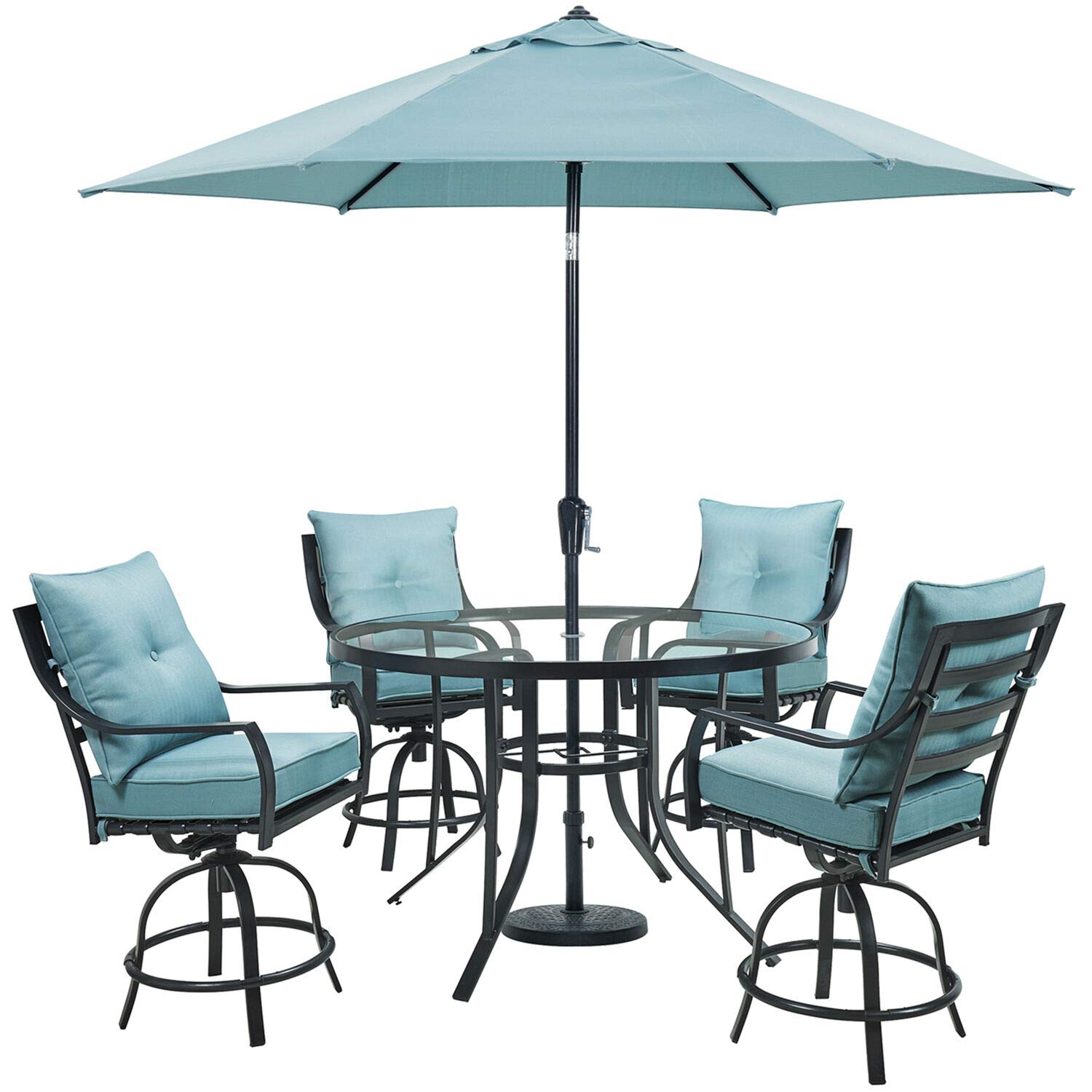 Hanover Lavallette 5-Piece Outdoor Dining Set with 9 ft. Umbrella | 4 Counter-Height Swivel Chairs | UV Protected Cushions | 52'' Round Glass-Top Table | Weather Resistant Frame | Ocean Blue