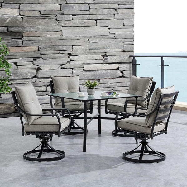 Hanover Lavallette 5-Piece Modern Outdoor Dining Set | 4 UV Protected Cushioned Swivel Rocker Chairs | 52'' Round Glass-Top Table | Weather Resistant Frame | Silver | LAVDN5PCSWRD-SLV