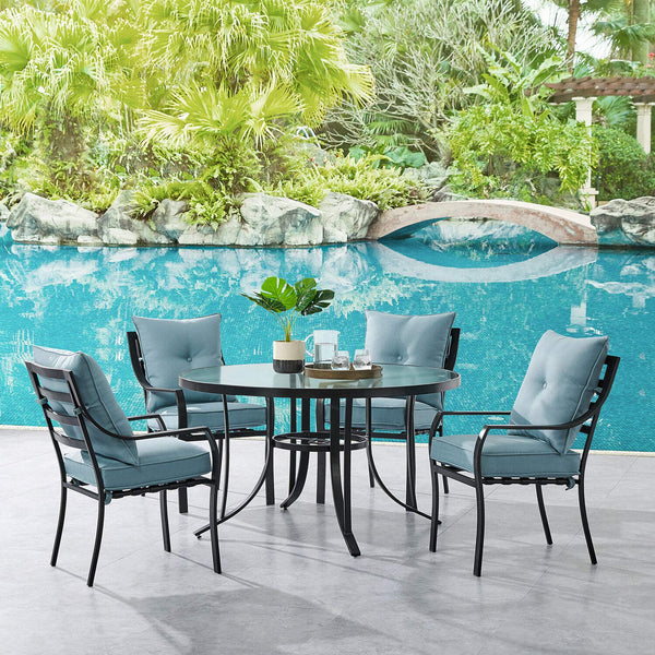 Hanover Lavallette 5-Piece Outdoor Dining Set with 9 ft. Umbrella | 4 Counter-Height Swivel Chairs | UV Protected Cushions | 52'' Round Glass-Top Table | Weather Resistant | Silver | LAVDN5PCBR-SLV-SU