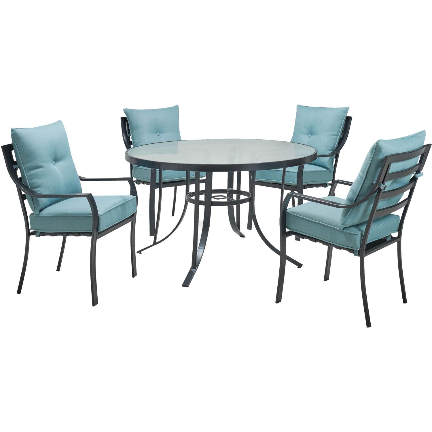 Hanover Lavallette 5-Piece Outdoor Dining Set with 9 ft. Umbrella | 4 Counter-Height Swivel Chairs | UV Protected Cushions | 52'' Round Glass-Top Table | Weather Resistant | Silver | LAVDN5PCBR-SLV-SU