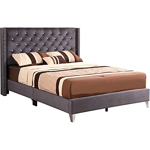 Glory Furniture Julie Velvet Upholstered Queen Bed in Gray