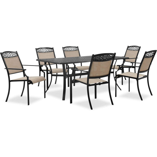 Hanover 6 Sling Stationary Chairs and 39 in. x 68 in. Cast-Top Table in Tan Lisbon 7-Piece Outdoor Dining Set