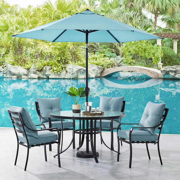 Hanover Lavallette 5-Piece Modern Outdoor Dining Set | 4 UV Protected Cushioned Chairs | 52'' Round Glass-Top Table | Weather Resistant Frame | Ocean Blue | LAVDN5PCRD-BLU