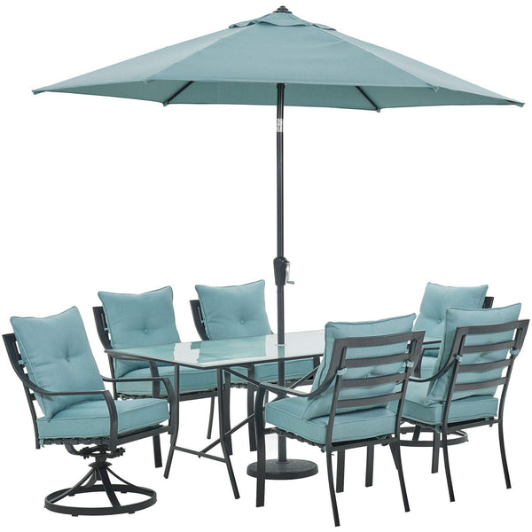 Hanover Lavallette 7-Piece Modern Outdoor Dining Set with Umbrella | 6 Cushioned Swivel Rocker Chairs | 66'' x 38'' Glass-Top Table | Weather Resistant Frame | Ocean Blue | LAVDN7PCSW-BLU-SU