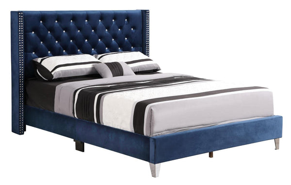 Glory Furniture Julie Velvet Upholstered Queen Bed in Navy Blue