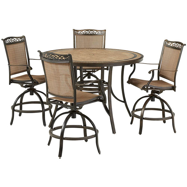 Hanover Fontana 5-Piece Outdoor High-Dining Patio Set, 4 Sling Swivel Counter-Height Chairs and 56" Round Tile-Top Table, Brushed Bronze Finish, Rust-Resistant, All-Weather - FNTDN5PCPBRTN