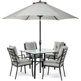 Hanover Lavallette 5-Piece Modern Outdoor Dining Set with 9 ft. Umbrella | 4 UV Protected Cushioned Chairs | 52'' Round Glass-Top Table | Weather Resistant Frame | Silver| LAVDN5PCRD-SLV-SU, Gray