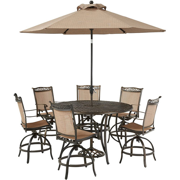 Hanover Fontana 7-Piece Outdoor High-Dining Patio Set, 6 Sling Swivel Counter-Height Chairs, 56" Round Cast Aluminum Table, 9' Umbrella, and Umbrella Base, Brushed Bronze Finish, Rust-Resistant