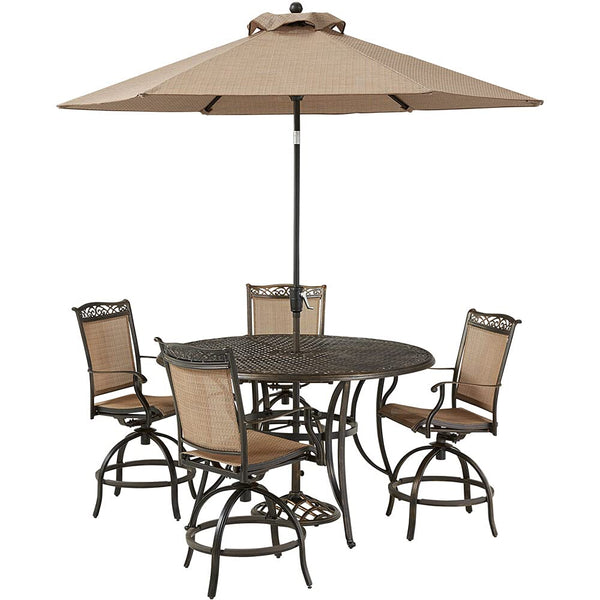 Hanover Fontana 5-Piece Outdoor High-Dining Patio Set, 4 Sling Swivel Counter-Height Chairs, 56" Round Cast Aluminum Table, 9' Umbrella, and Umbrella Base, Brushed Bronze Finish, Rust-Resistant