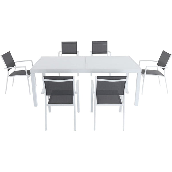 Hanover Del Mar 7-Piece Outdoor Dining Set with 6 Sling Chairs in Gray/White and a 40" x 118" Expandable Dining Table