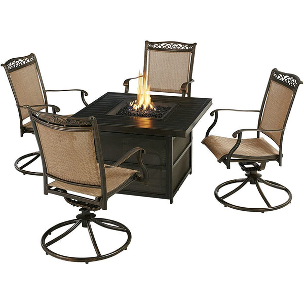 Hanover Fontana 5-Piece Outdoor Patio Fire Pit Seating Set, 4 Sling Swivel Rockers, 38" Square Aluminum Slat Top Gas Fire Pit Table with Lid, Brushed Bronze Finish, Rust-Resistant, All-Weather