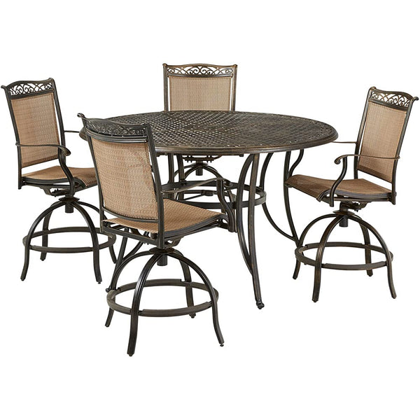 Hanover Fontana 5-Piece Outdoor High-Dining Patio Set, 4 Sling Swivel Counter-Height Chairs and 56" Round Cast Aluminum Table, Brushed Bronze Finish, Rust-Resistant, All-Weather - FNTDN5PCPBRC