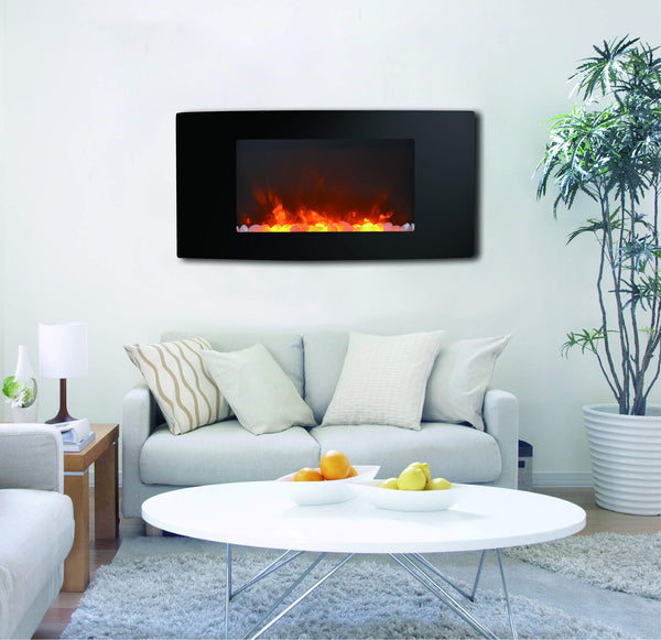 Cambridge 35-in. Callisto Curved Wall Mount Electric Fireplace with Crystal Display, Timer, and Remote, Black, CAMBR35WMEF-1BLK