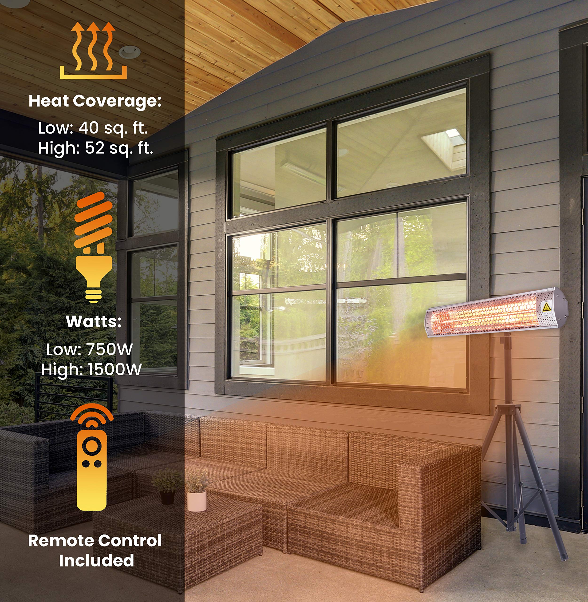Hanover 1500W 26.5'' Portable Electric Infrared Halogen Heat Lamp with Mounting Bracket and Tri-Pod Stand | Powerful Heating for Outdoor Areas up to 52 Sq. Ft. | Ideal for Porch, Garage, Workshop
