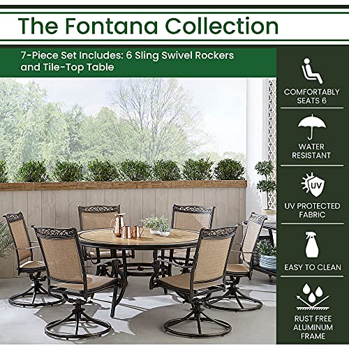 Hanover FNTDN7PCSW6RDTN Fontana 7-Piece Outdoor Patio Dining Set, 6 Sling Swivel Rocker Chairs and 60" Round Tile Table, Brushed Finish, Rust-Resistant, All-Weather-FNTDN7PCSW6RDTN, Tan/Bronze