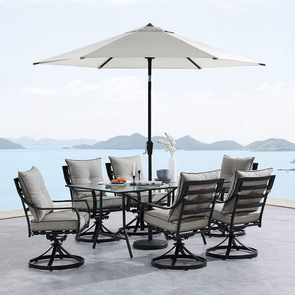 Hanover Lavallette 7-Piece Modern Outdoor Dining Set with Umbrella | 2 Swivel Rockers, 4 Stationary Chairs | 66'' x 38'' Glass-Top Table | Weather, UV Resistant | Silver | LAVDN7PCSW2-SLV-SU