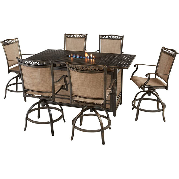 Hanover Fontana 7-Piece Outdoor High-Dining Fire Patio Set, 6 Sling Swivel Counter-Height Chairs and Slat-Top Gas Fire Pit Aluminum Table, Brushed Bronze Finish, Rust-Resistant, All-Weather