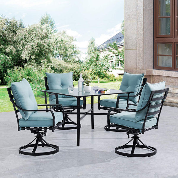 Hanover Lavallette 5-Piece Modern Outdoor Dining Set | 4 UV Protected Cushioned Swivel Rocker Chairs | 42'' Square Glass-Top Table | Weather Resistant Frame | Ocean Blue | LAVDN5PCSW-BLU