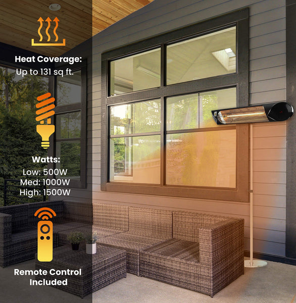 Hanover 1500W 35.4'' Electric Carbon Infrared Heat Lamp with Remote Control and Adjustable Pole Stand | Powerful Heating for Outdoor Areas up to 131 Sq. Ft. | Ideal for Porch, Garage, Workshop | Black