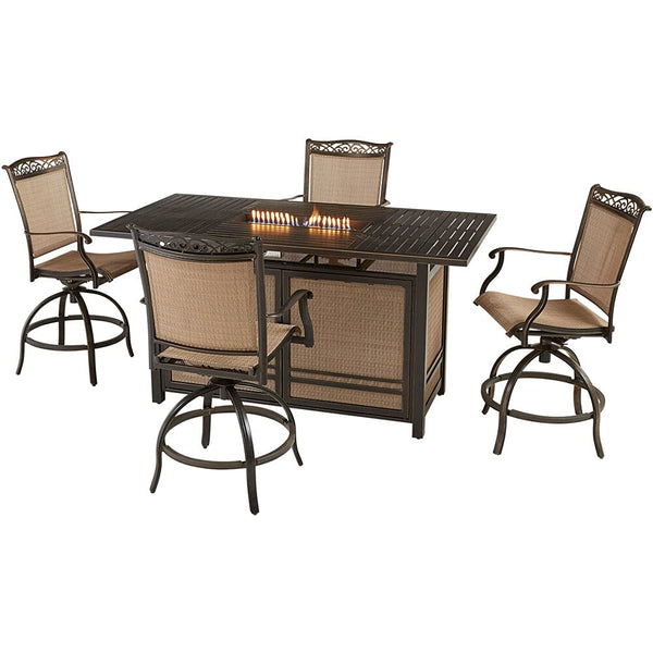 Hanover Fontana 5-Piece Outdoor High-Dining Fire Patio Set, 4 Sling Swivel Counter-Height Chairs and Slat-Top Gas Fire Pit Aluminum Table, Brushed Bronze Finish, Rust-Resistant, All-Weather