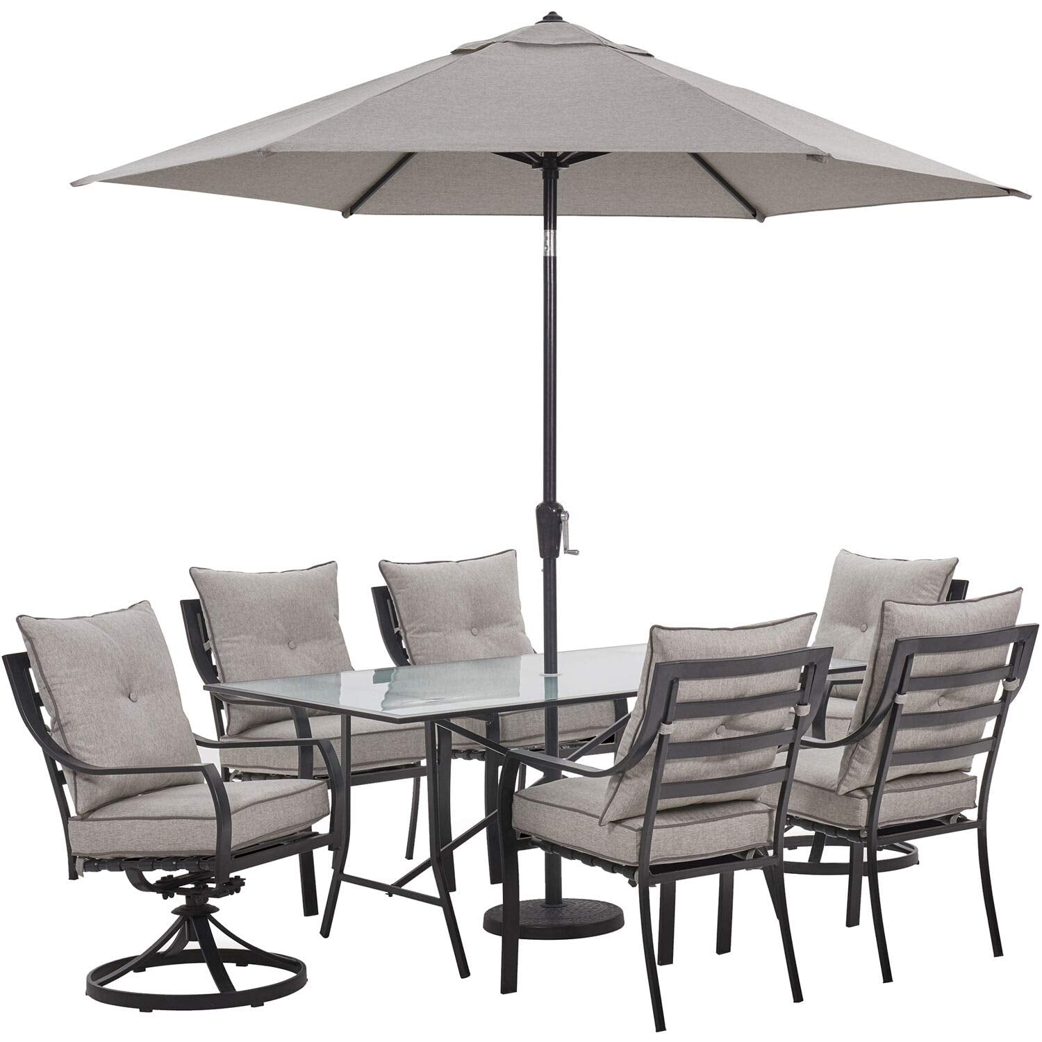 Hanover Lavallette 7-Piece Modern Outdoor Dining Set with Umbrella | 6 Cushioned Swivel Rocker Chairs | 66'' x 38'' Glass-Top Table | Weather Resistant Frame | Silver |LAVDN7PCSW-SLV-SU